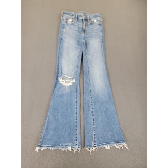 American Eagle Jeans Womens 000 Short Light Wash Super Hi-Rise Flare Distressed - Picture 1 of 12